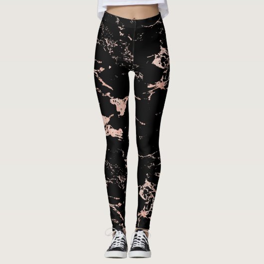 Girly Zwart Marmeren Roos Gouden Folie Leggings (Voorkant)