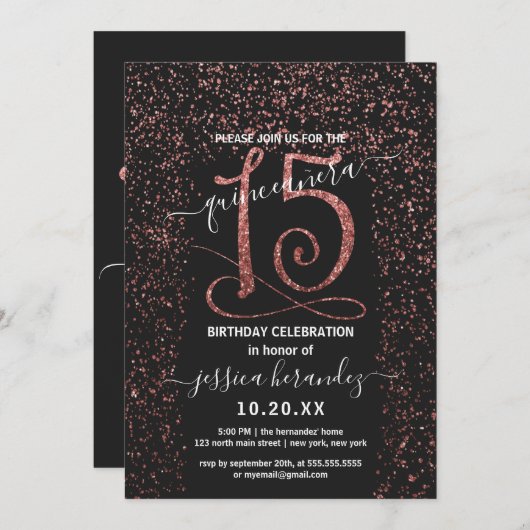 Girly Zwart Roos Goud Confetti Border Quinceañera Kaart (Voorkant / Achterkant)