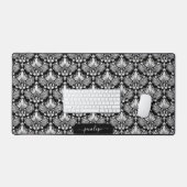 Girly zwart-wit damast patroon monogram bureaumat (Keyboard & Muis)