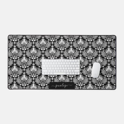 Girly zwart-wit damast patroon monogram bureaumat (Keyboard & Muis)