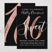 Girly Zwart Wit Roos Goudfolie Modern Sweet 16 Kaart (Voorkant / Achterkant)