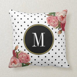 Girly Zwart Wit Stippen Bloemen Monogram Kussen