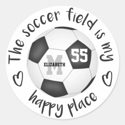 Girly Zwart Wit Voetbalveld is mijn gelukkige plek Ronde Sticker (Voorkant)