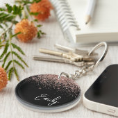 Girly Zwarte Roze Gouden Blush Roze Glitter Monogr Sleutelhanger (Voorkant Rechts)