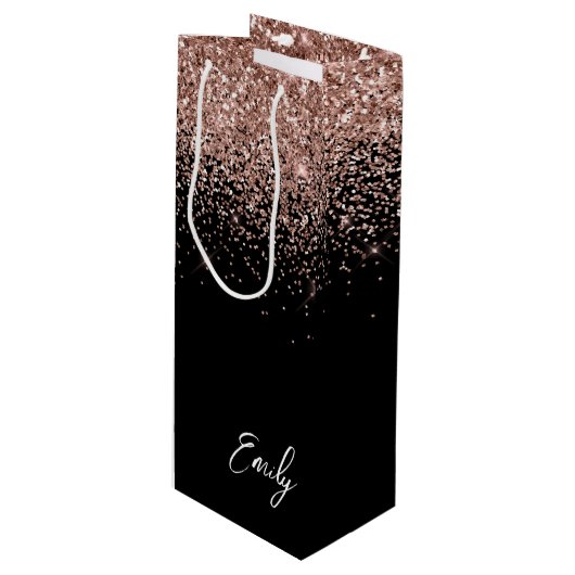 Girly Zwarte Roze Gouden Blush Roze Glitter Monogr Wijn Cadeautas (Voorkant Gekanteld)