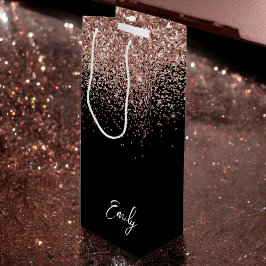 Girly Zwarte Roze Gouden Blush Roze Glitter Monogr Wijn Cadeautas
