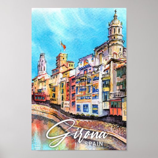 Girona Spanje Waterverf Schilderij Reizen Poster (Voorkant)