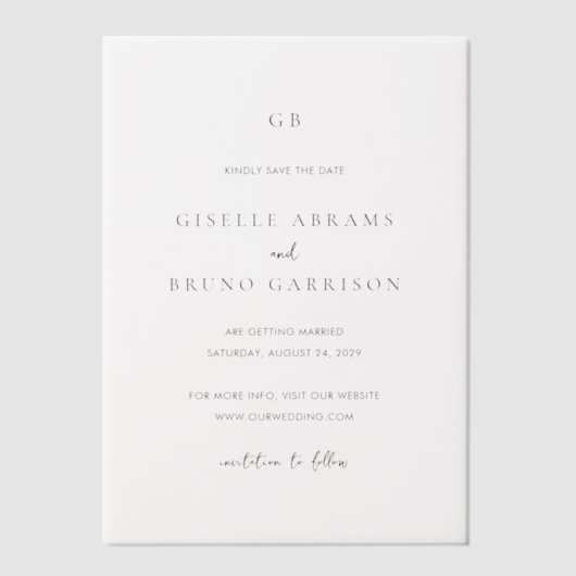 Giselle Monogram Elegante bruiloft Save the Date Vellum Uitnodigingen (Voorkant)
