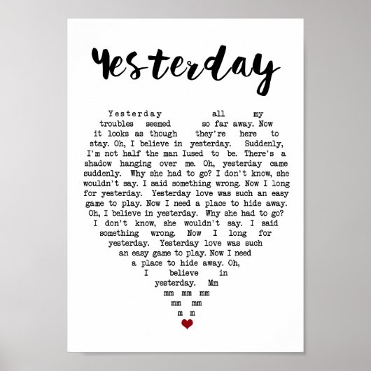 Gisteren heeft Wall Art Song Lyric Heart Print (Voorkant)