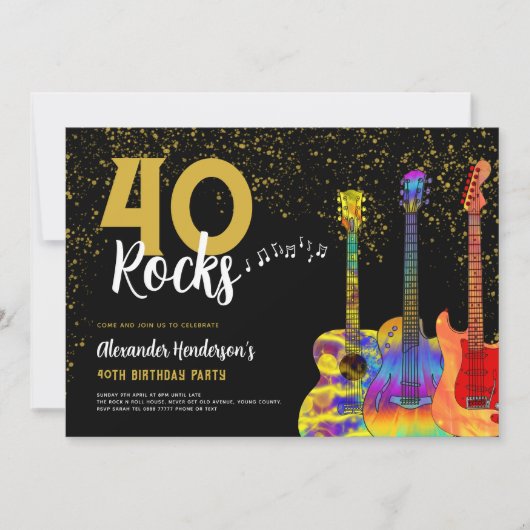 Gitaar 40e Verjaardagsfeestje Zwart en Goud Glitte Kaart (Voorkant)