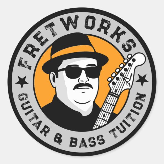 Gitaar- en baslessen - Fret Works Ronde Sticker (Voorkant)