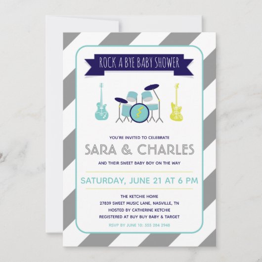 Gitaar en Drums Rock a Bye Baby shower Invitation Kaart (Voorkant)