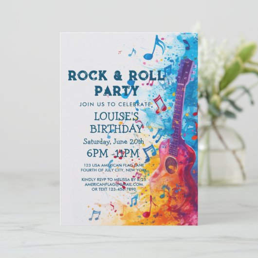 Gitaar en noten Rock And Roll-feest uitnodiging (Staand voorkant)