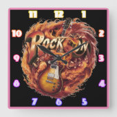 Gitaar in vlammen met noten in de schemering vierkante klok (Voorkant)