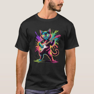 Gitaar Kat Poster Stijl Kleurrijke Verfspatten Kun T-shirt