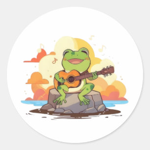 Gitaar Kikker Zonsondergang Kawaii Muziek Ontwerp Ronde Sticker