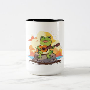 Gitaar Kikker Zonsondergang Kawaii Muziek Ontwerp Tweekleurige Koffiemok