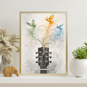gitaar kop kunst   vliegende vogels illustratie poster
