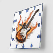 Gitaar met vlammen en wervelende noten vierkante klok (Hoek)