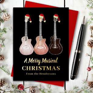 Gitaar Prettig Muzikaal Kerstmis Zwart en Goud Folie Feestdagenkaart