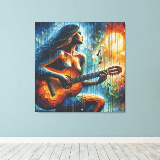 Gitaar spelen in het maanlicht canvas afdruk (Insitu (Houten vloer))