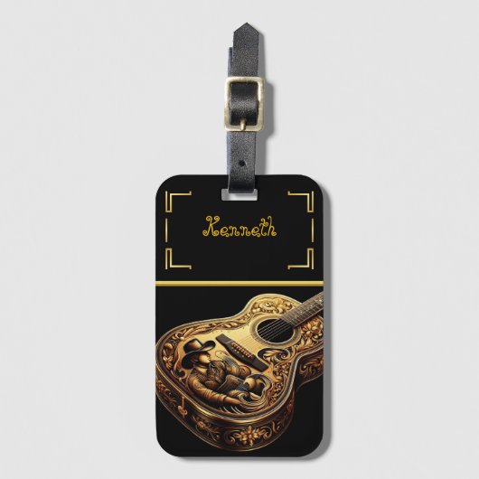 Gitaar van wit en goud met Cowboy Art Bagagelabel (Voorkant (verticaal))