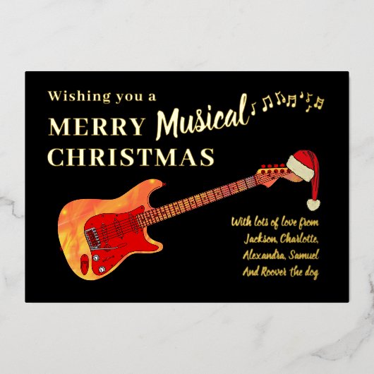 Gitaar Vrolijk Kerstfeest zwart en goud Folie Feestdagenkaart (Voorkant)