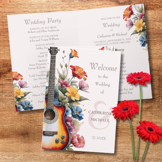 Gitaar Wildflower Musical Country Spring Wedding Programma