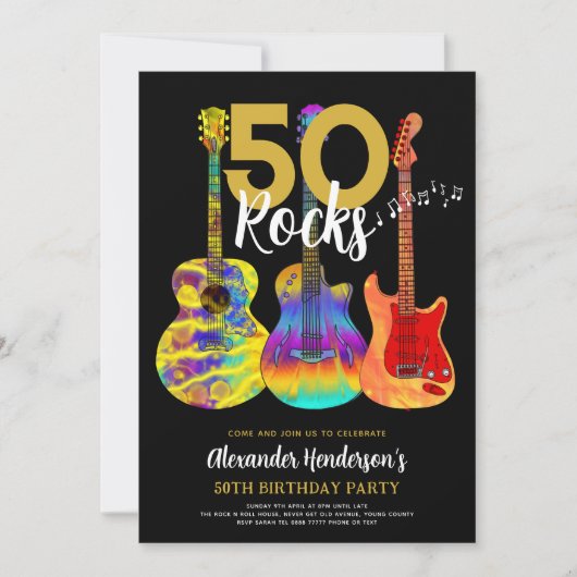 Gitaar Zwart en Goud 50ste verjaardagsfeest Kaart (Voorkant)