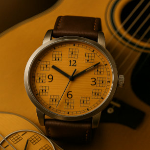 Gitaarakkoorden Klok Gezicht op Hout Horloge
