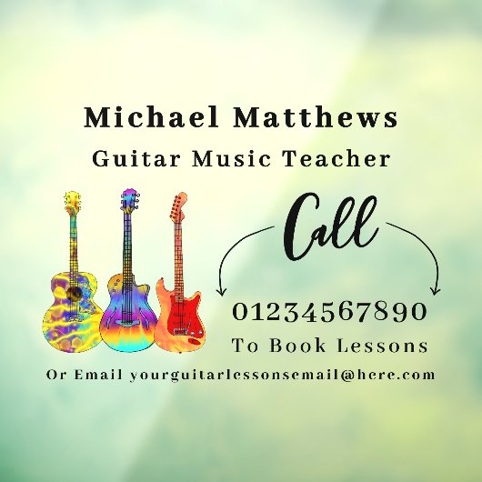 Gitaarleraar Muzieklessen Adverteren Raamsticker (Vel 3)