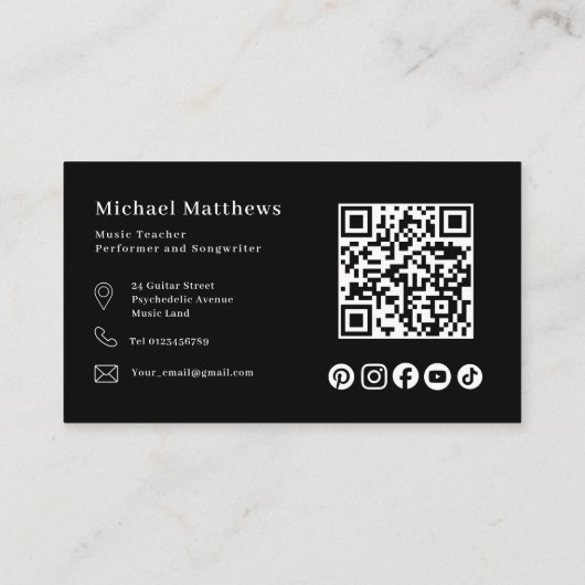 Gitaarleraar QR Code en Social Media Custom Visitekaartje (Achterkant)