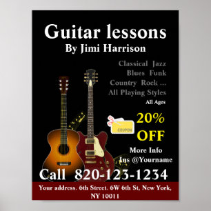 Gitaarles Muziekschool Poster Sign Black