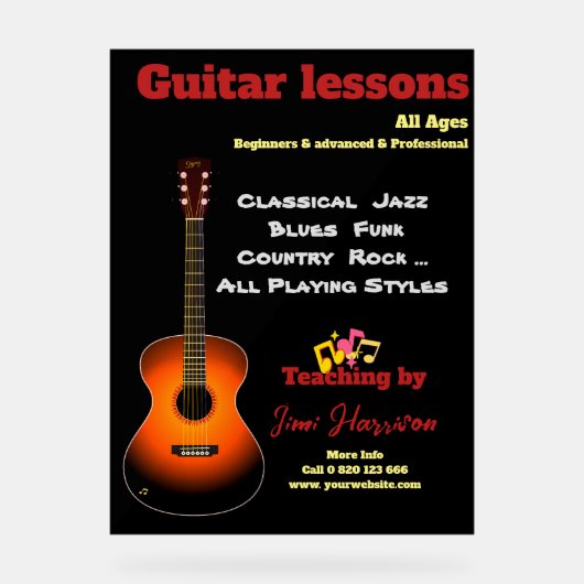 Gitaarlessen Acryl Sign Modern Zwart Acryl Bord (Voorkant)