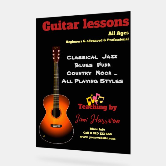 Gitaarlessen Acryl Sign Modern Zwart Acryl Bord (Hoek)