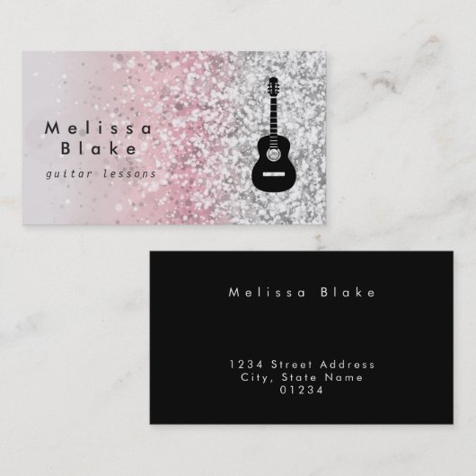 Gitaarlessen faux glitter sprankelend effect visitekaartje (Voorkant / Achterkant)