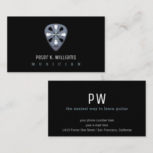 Gitaarmuzikant visitekaartje met gitaarpick (Voorkant / Achterkant)
