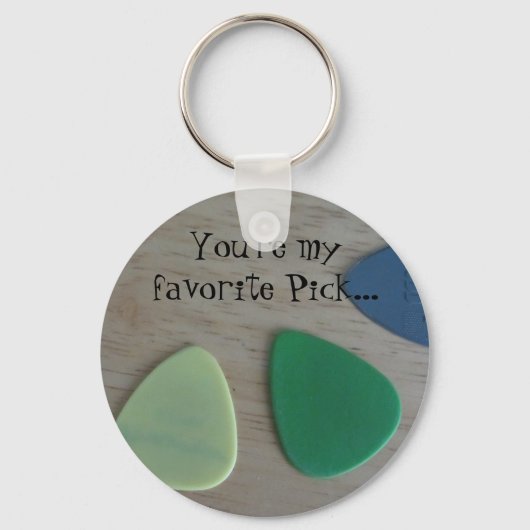 Gitaarpicks met een leuke spreuk sleutelhanger (Voorkant)