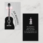 Gitaarsilhouet Roze strik op Faux Silver folie Visitekaartje (Voorkant / Achterkant)