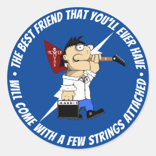 Gitaarspeler beste vriend onderweg cartoon blauw ronde sticker