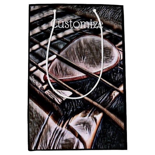 gitaarstrengen in leder, middelfijn tas medium cadeauzakje (Voorkant)