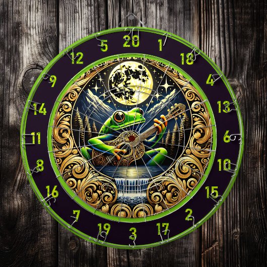 Gitaartrommelende kikker gloeit onder de maan dartbord