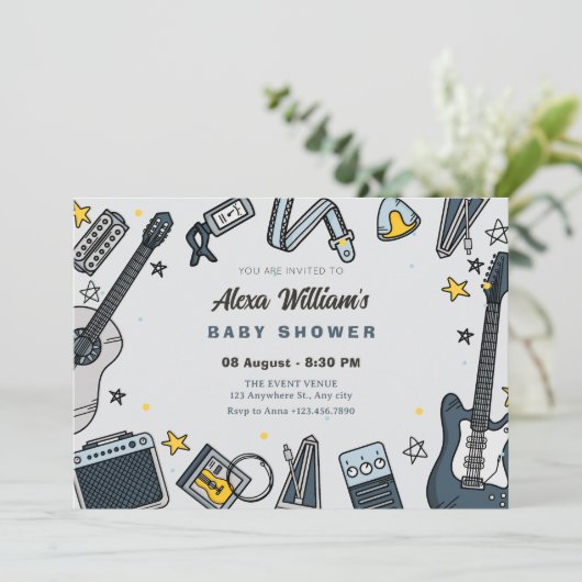 Gitaaruitrusting baby shower kaart (Staand voorkant)