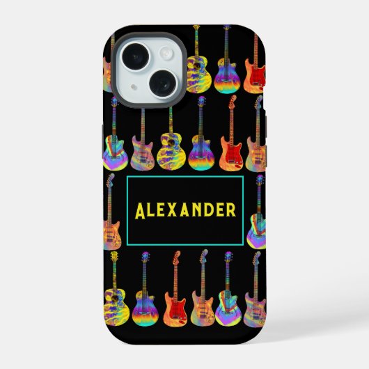 Gitaren Funky Psychedelische Pop Art Patroon Voeg iPhone 15 Case (Achterkant)