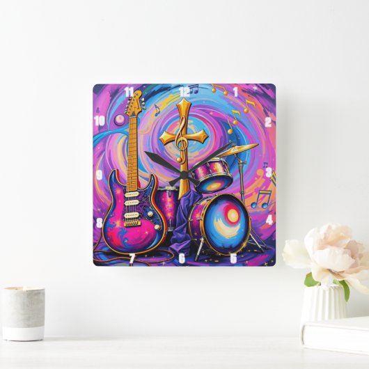 Gitaren Muziek Worship Cross Art Vierkante Klok (Huis)