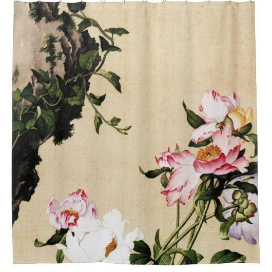 Giuseppe Castiglione - Paeony Fine Art Douchegordijn (Voorkant)