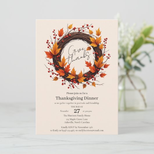Give Thanks Autumn Wreath Thanksgiving Invitation  Save The Date (Staand voorkant)