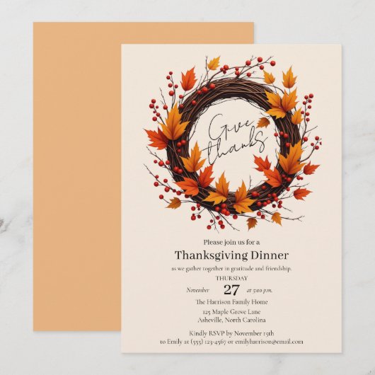 Give Thanks Autumn Wreath Thanksgiving Invitation  Save The Date (Voorkant / Achterkant)