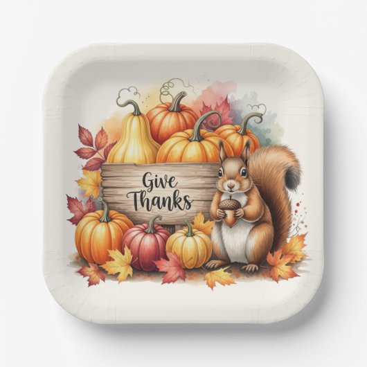 Give Thanks – Whimsical Squirrel & Pumpkin Harvest Papieren Bordje (Voorkant)