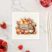 Give Thanks – Whimsical Squirrel & Pumpkin Harvest Servet (Insitu)